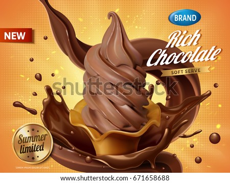 Chocolate soft serve ice cream ads, realistic soft serve with splash chocolate for summer in 3d illustration Chocolate soft serve ice cream ads, realistic soft serve with splash chocolate for summer in 3d illustration