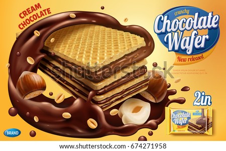 Chocolate wafer ads, crunchy cookies with chocolate syrup and nuts isolated on yellow background in 3d illustration Chocolate wafer ads, crunchy cookies with chocolate syrup and nuts isolated on yellow background in 3d illustration