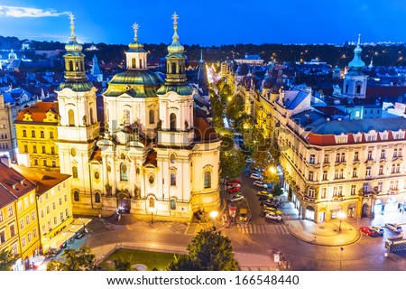Scenic evening summer aerial view of the Old Town Square in Prague ...