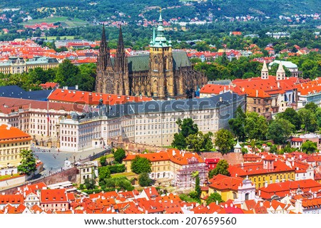 Scenic summer aerial view of Saint Vitus Cathedral church architecture ...