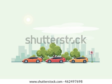 Vector illustration of modern cars parking along city street with green trees in cartoon style. Hatchback, station wagon and sedan parked on wrong place. City skyline on green turquoise background. Vector illustration of modern cars parking along city street with green trees in cartoon style. Hatchback, station wagon and sedan parked on wrong place. City skyline on green turquoise background.