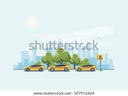 Vector illustration of yellow taxi cars parking along the city street in cartoon style. Hatchback, station wagon and sedan standing in a row with taxi pickup point sign. Vector illustration of yellow taxi cars parking along the city street in cartoon style. Hatchback, station wagon and sedan standing in a row with taxi pickup point sign.