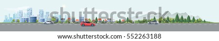 Flat vector cartoon style illustration urban landscape street with cars, skyline city office buildings, family houses in small town and mountain with green trees in background. Traffic on the road. Flat vector cartoon style illustration urban landscape street with cars, skyline city office buildings, family houses in small town and mountain with green trees in background. Traffic on the road.
