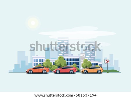 Vector illustration of modern cars parking along the town street in cartoon style. Vehicles parked on wrong place with no parking sign. City skyscrapers building office skyline on blue background. Vector illustration of modern cars parking along the town street in cartoon style. Vehicles parked on wrong place with no parking sign. City skyscrapers building office skyline on blue background.