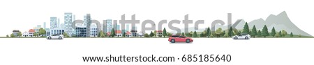 Flat vector cartoon style illustration of urban landscape street with cars, skyline city office buildings, family houses in small town and mountain with trees in background. Wide horizontal panorama. Flat vector cartoon style illustration of urban landscape street with cars, skyline city office buildings, family houses in small town and mountain with trees in background. Wide horizontal panorama.