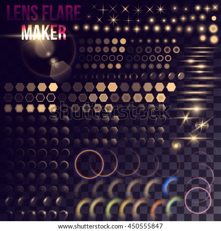 Lens flare maker - big set of golden lighting elements. Circles, rings, hexagons, rainbow halo, spaceship bursts, simple stars on transparent background. Release clipping mask for work. - stock vector Lens flare maker - big set of golden lighting elements. Circles, rings, hexagons, rainbow halo, spaceship bursts, simple stars on transparent background. Release clipping mask for work. - stock vector
