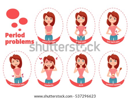 Woman period problems vector illustration. Young and cute girl shows different symptoms and cases during menstruation. Woman period problems vector illustration. Young and cute girl shows different symptoms and cases during menstruation.