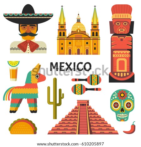 Mexico poster. Vector icons collection of Mexican culture and food, including maracas, Sugar skull, Mayan pyramid, portrait of mariachi, taco and pinata in trendy flat style. Isolated on white. Mexico poster. Vector icons collection of Mexican culture and food, including maracas, Sugar skull, Mayan pyramid, portrait of mariachi, taco and pinata in trendy flat style. Isolated on white.