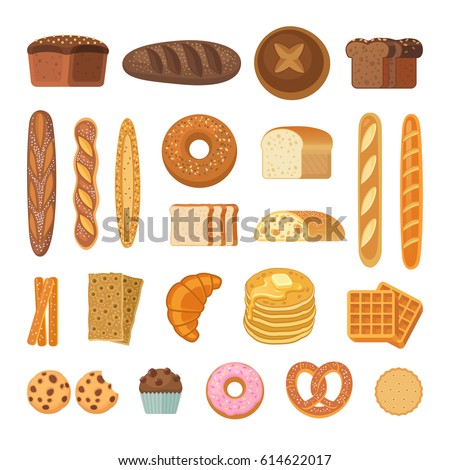 Bread and rolls collection. Vector illustration of bakery products icons - bread, baguette, pretzel, ciabatta, croissant, cupcake, waffles and cookies. Isolated on white. Bread and rolls collection. Vector illustration of bakery products icons - bread, baguette, pretzel, ciabatta, croissant, cupcake, waffles and cookies. Isolated on white.