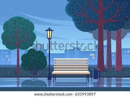 Rainy summer day in the park. Vector illustration of raining in public park with town building background, path, bench and street lamp. Rainy summer day in the park. Vector illustration of raining in public park with town building background, path, bench and street lamp.