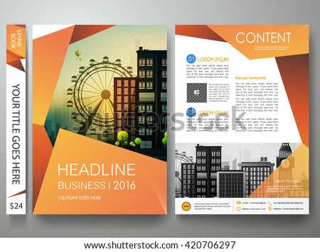 Flyers design template vector.Brochure annual report business magazine poster.Leaflet flat cover book presentation with abstract orange shape and flat city background. Layout in A4 size.illustration. - stock vector Flyers design template vector.Brochure annual report business magazine poster.Leaflet flat cover book presentation with abstract orange shape and flat city background. Layout in A4 size.illustration. - stock vector