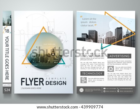 Flyers design template vector.Business brochure report magazine poster template.Cover book portfolio presentation.Abstract green triangle on A4 poster layout design.City design on brochure background. - stock vector Flyers design template vector.Business brochure report magazine poster template.Cover book portfolio presentation.Abstract green triangle on A4 poster layout design.City design on brochure background. - stock vector