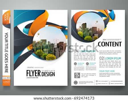 Portfolio design template vector. Minimal brochure report business flyers magazine poster. Abstract graphic blue and orange shape on cover book presentation. City concept on A4 size layout. Portfolio design template vector. Minimal brochure report business flyers magazine poster. Abstract graphic blue and orange shape on cover book presentation. City concept on A4 size layout.