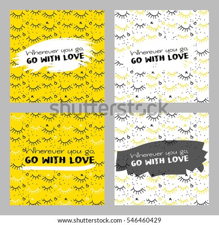 Card set with lash, plus and hearts on background. Applicable for Covers, Posters, Flyers and Banner Designs. Vector illustration
