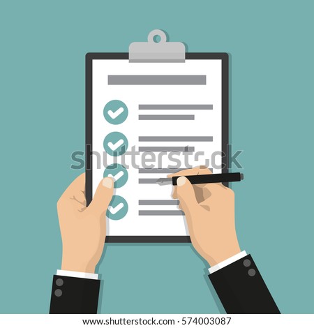 Businessman hands holding clipboard checklist with pen in a flat design Businessman hands holding clipboard checklist with pen in a flat design
