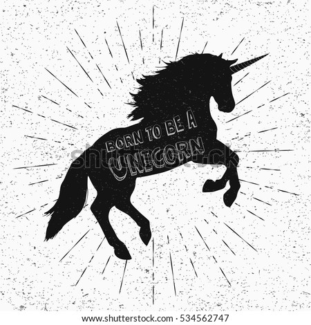 Born to be a unicorn. Vector illustration, eps10. Abstract unicorn silhouette isolated with text inside on grey dotted background. Black jumping fictional fairy animal. Born to be a unicorn. Vector illustration, eps10. Abstract unicorn silhouette isolated with text inside on grey dotted background. Black jumping fictional fairy animal.