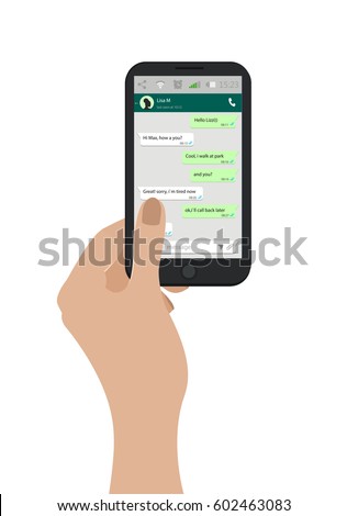 Hand holding mobile phone isolated on white. Vector illustration. Social network concept. Messenger window. Chating and messaging concept. Green chat boxes. Hand holding mobile phone isolated on white. Vector illustration. Social network concept. Messenger window. Chating and messaging concept. Green chat boxes.