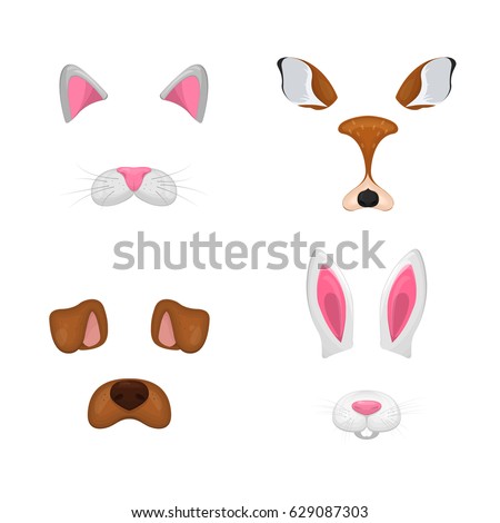 Animal face elements set. Vector illustration. Animal character ears and nose. Video chart filter effect for selfie photo decor. Constructor. Cartoon mask of cat,deer,rabbit,dog. Isolated on white. Animal face elements set. Vector illustration. Animal character ears and nose. Video chart filter effect for selfie photo decor. Constructor. Cartoon mask of cat,deer,rabbit,dog. Isolated on white.