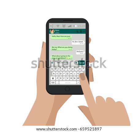 Hand holding smartphone, touching screen and write message in social network. Vector. Keyboard of mobile phone, alphabet buttons. Messenger window. Chating and messaging concept. Green chat boxes. Hand holding smartphone, touching screen and write message in social network. Vector. Keyboard of mobile phone, alphabet buttons. Messenger window. Chating and messaging concept. Green chat boxes.