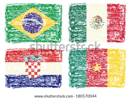 Crayon draw of country flags, Brazil, Mexico,Croatia, Cameroon   stock    brazil football draw