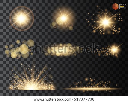 Set. Shining star, the sun particles and sparks with a highlight effect, golden bokeh lights glitter and sequins. On a dark background transparent. Vector, EPS10 Set. Shining star, the sun particles and sparks with a highlight effect, golden bokeh lights glitter and sequins. On a dark background transparent. Vector, EPS10