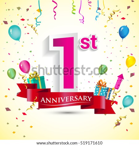1st Years Anniversary Celebration Design, with gift box and balloons, red ribbon, Colorful Vector template elements for your birthday party. 1st Years Anniversary Celebration Design, with gift box and balloons, red ribbon, Colorful Vector template elements for your birthday party.