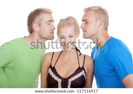 stock photo two young men flirting with a woman standing between them isolated on white 117116917