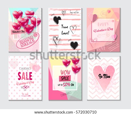 Set of Valentine's day card, sale and other banners templates with lettering, hearts and balloons. Typography poster, card, label, brochure, banner design collection. Love, Romance Vector illustration Set of Valentine's day card, sale and other banners templates with lettering, hearts and balloons. Typography poster, card, label, brochure, banner design collection. Love, Romance Vector illustration