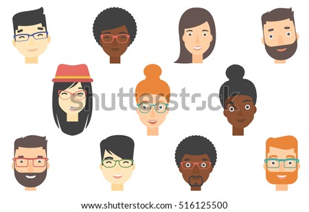 Set of human faces expressing positive emotions. Human faces with wide smiles. Set of cheerful people with happy facial expressions. Vector flat design illustrations isolated on white background. Set of human faces expressing positive emotions. Human faces with wide smiles. Set of cheerful people with happy facial expressions. Vector flat design illustrations isolated on white background.