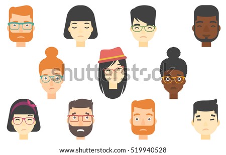 Set of people expressing facial emotions. Human faces with sad facial expressions. Human faces showing sad emotion. People with sad faces. Vector flat design illustrations isolated on white background Set of people expressing facial emotions. Human faces with sad facial expressions. Human faces showing sad emotion. People with sad faces. Vector flat design illustrations isolated on white background