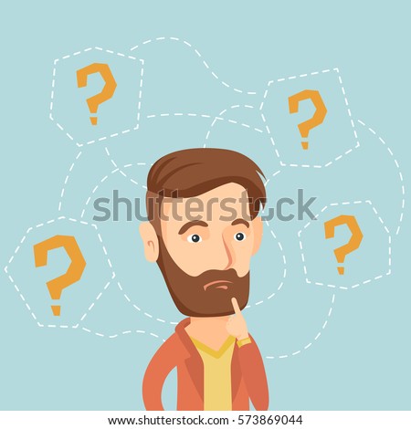Thinking business man standing under question marks. Young caucasian hipster business man thinking. Thinking business man surrounded by question marks. Vector flat design illustration. Square layout. Thinking business man standing under question marks. Young caucasian hipster business man thinking. Thinking business man surrounded by question marks. Vector flat design illustration. Square layout.