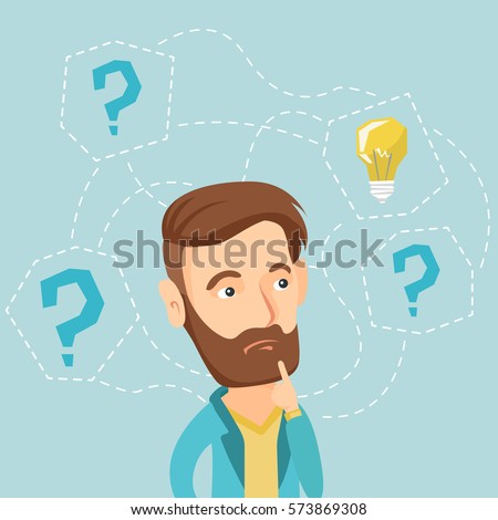 Caucasian hipster business man having creative idea. Business man standing with question marks and idea light bulb above his head. Business idea concept. Vector flat design illustration. Square layout Caucasian hipster business man having creative idea. Business man standing with question marks and idea light bulb above his head. Business idea concept. Vector flat design illustration. Square layout