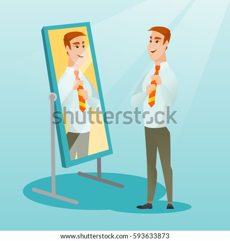 Young caucasian businessman adjusting tie in front of the mirror. Business man looking himself in the mirror. Man checking his appearance in the mirror. Vector flat design illustration. Square layout. Young caucasian businessman adjusting tie in front of the mirror. Business man looking himself in the mirror. Man checking his appearance in the mirror. Vector flat design illustration. Square layout.
