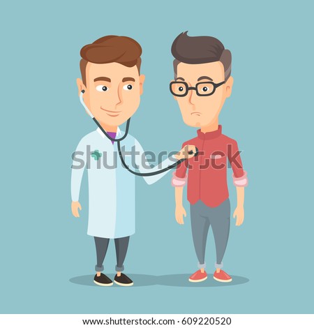 Young caucasian doctor listening to chest of patient with stethoscope. Adult patient visiting doctor. Doctor examining chest of a patient. Vector flat design illustration. Square layout. Young caucasian doctor listening to chest of patient with stethoscope. Adult patient visiting doctor. Doctor examining chest of a patient. Vector flat design illustration. Square layout.