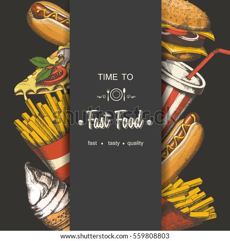 Set of hand-drawn fast food. Background with food for menu and advertising or packaging. Sketch. Vector design Set of hand-drawn fast food. Background with food for menu and advertising or packaging. Sketch. Vector design