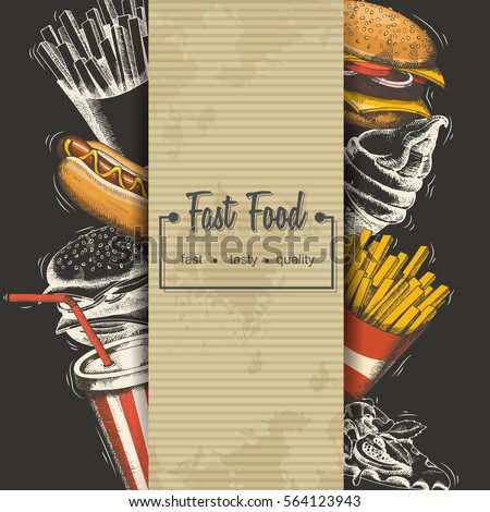 Hand-drawn Fast food menu. Background with food for menu and advertising or packaging. Sketch. Vector design Hand-drawn Fast food menu. Background with food for menu and advertising or packaging. Sketch. Vector design