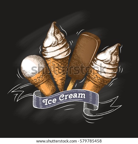 Vector Set of different types of ice-cream on a chalkboard. Sketch Vector Set of different types of ice-cream on a chalkboard. Sketch