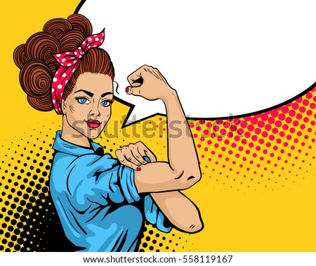 We Can Do It poster. Pop art sexy strong girl. Classical american symbol of female power, woman rights, protest, feminism. Vector colorful hand drawn background in retro comic style. Rosie the Riveter We Can Do It poster. Pop art sexy strong girl. Classical american symbol of female power, woman rights, protest, feminism. Vector colorful hand drawn background in retro comic style. Rosie the Riveter