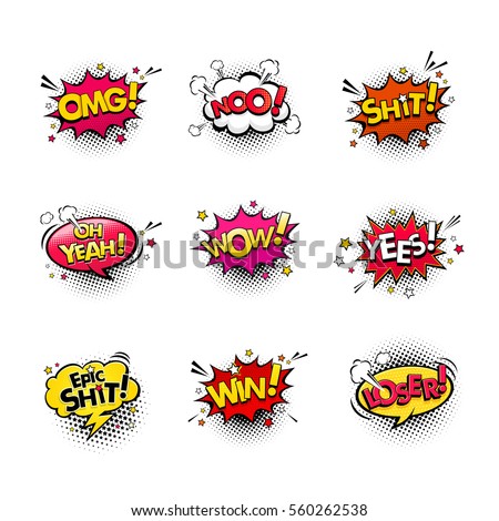 Comic speech bubbles and splashes set with different emotions and text Wow, Omg, Oh Yeah, Shit, No, Yes, Epic Shit, Win, Loser Vector bright dynamic cartoon illustrations isolated on white background. Comic speech bubbles and splashes set with different emotions and text Wow, Omg, Oh Yeah, Shit, No, Yes, Epic Shit, Win, Loser Vector bright dynamic cartoon illustrations isolated on white background.
