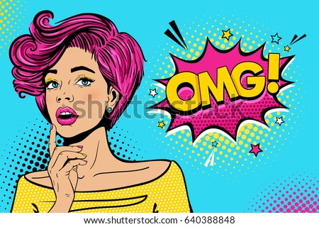 Wow female face. Sexy surprised young woman with open mouth and pink hair, bright makeup and OMG! speech bubble. Vector colorful background in pop art retro comic style. Party invitation poster. Wow female face. Sexy surprised young woman with open mouth and pink hair, bright makeup and OMG! speech bubble. Vector colorful background in pop art retro comic style. Party invitation poster.