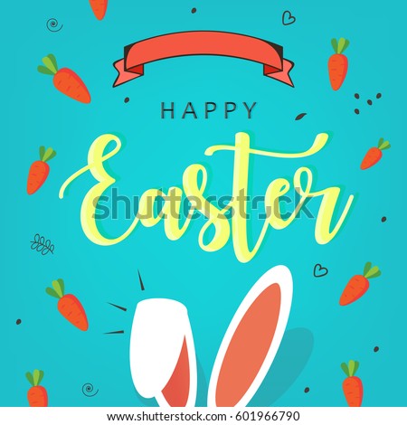 Cute Easter Bunny Ears with stylish text on decorative background with ribbon for the celebration of Christian Festival "Happy Easter". Cute Easter Bunny Ears with stylish text on decorative background with ribbon for the celebration of Christian Festival "Happy Easter".