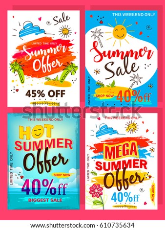 A Set of "Summer Offer" Flyer designs, Vector Illustrations based on Line Art and Doodle Design on decorative colorful background. A Set of "Summer Offer" Flyer designs, Vector Illustrations based on Line Art and Doodle Design on decorative colorful background.