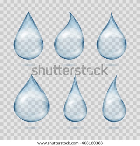 Falling transparent water drops. Water dew drops or rain drops on plaid background vector set - stock vector Falling transparent water drops. Water dew drops or rain drops on plaid background vector set - stock vector