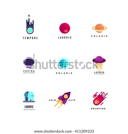 Astronautics vector logo set. Rocket icon, travel astronautics logo, astronautics shuttle, astronautics ship illustration - stock vector Astronautics vector logo set. Rocket icon, travel astronautics logo, astronautics shuttle, astronautics ship illustration - stock vector