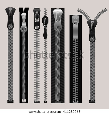 Vector zippers, fastener vector set. Fashion fastener, zippers for cloth, zipper metal, connection zippers illustration - stock vector Vector zippers, fastener vector set. Fashion fastener, zippers for cloth, zipper metal, connection zippers illustration - stock vector