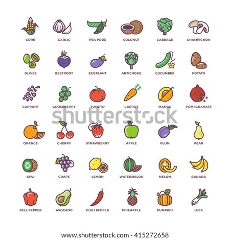 Fruit and vegetables line vector icons with flat elements. Vegetable food, element fruit, sign fruit and vegetables set, fruit and vegetables illustration - stock vector Fruit and vegetables line vector icons with flat elements. Vegetable food, element fruit, sign fruit and vegetables set, fruit and vegetables illustration - stock vector