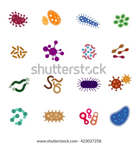 Virus, bacteria and biology micro-organisms flat icons. Infectious bacteria and virus vector signs - stock vector Virus, bacteria and biology micro-organisms flat icons. Infectious bacteria and virus vector signs - stock vector