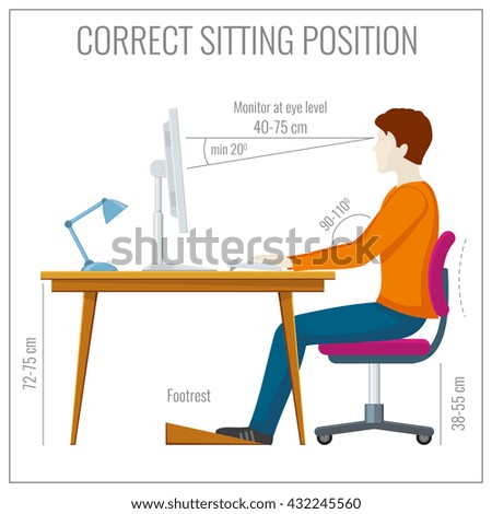 Correct spine sitting posture at computer. Proper position correct and healthy spine position. Vector illustration infographics - stock vector Correct spine sitting posture at computer. Proper position correct and healthy spine position. Vector illustration infographics - stock vector
