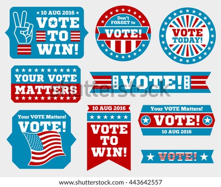 American presidential election 2016 badges and vote labels. Badges and signs for presidential election. Symbols of USA president election. Vector illustration - stock vector American presidential election 2016 badges and vote labels. Badges and signs for presidential election. Symbols of USA president election. Vector illustration - stock vector