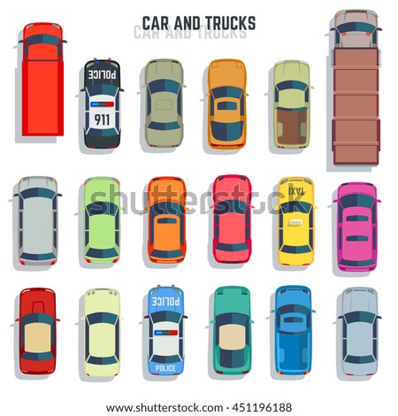 Cars and trucks top view flat vector icons. Set of car and sedan car for transportation illustration - stock vector Cars and trucks top view flat vector icons. Set of car and sedan car for transportation illustration - stock vector